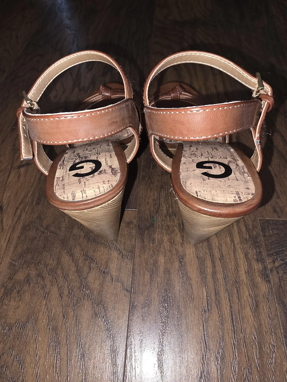 G by Guess Brown Strappy Cork-Style Wedge Sandals